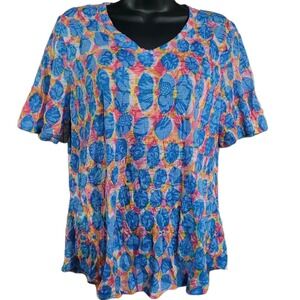 CARINE Art to Wear Burnout T-Shirt Top Size L Colorful Abstract V-Neck Short Slv